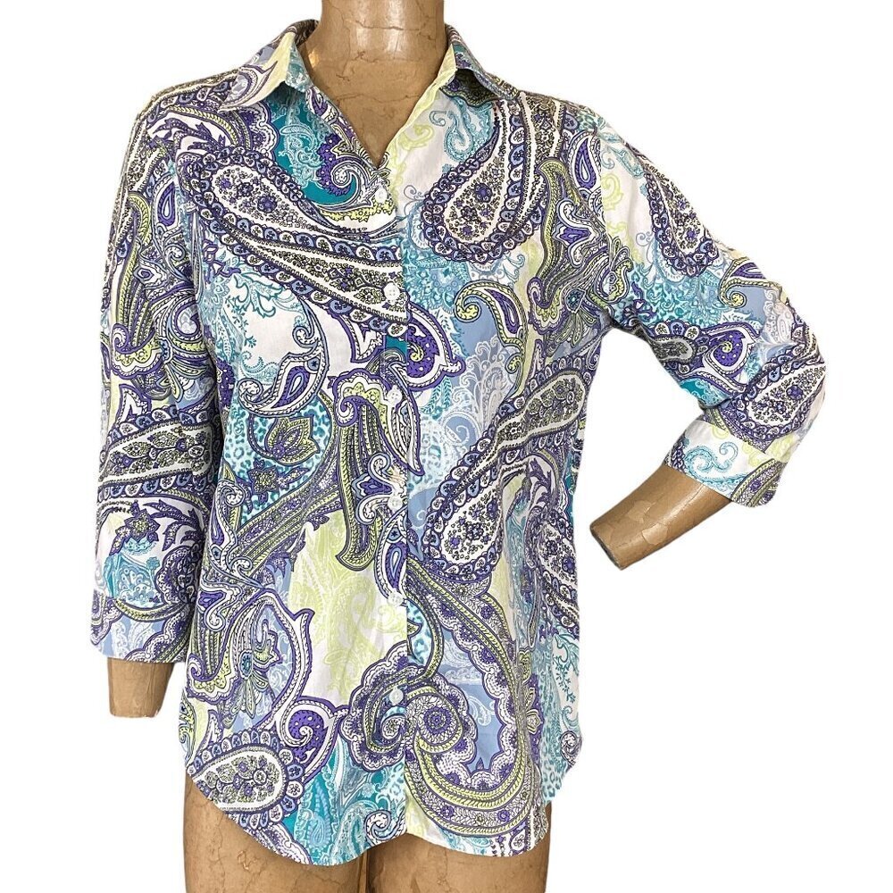 Chico’s No-Iron Cotton Button Down Shirt‎ Paisley Print Sz 2 (L/12) #314C